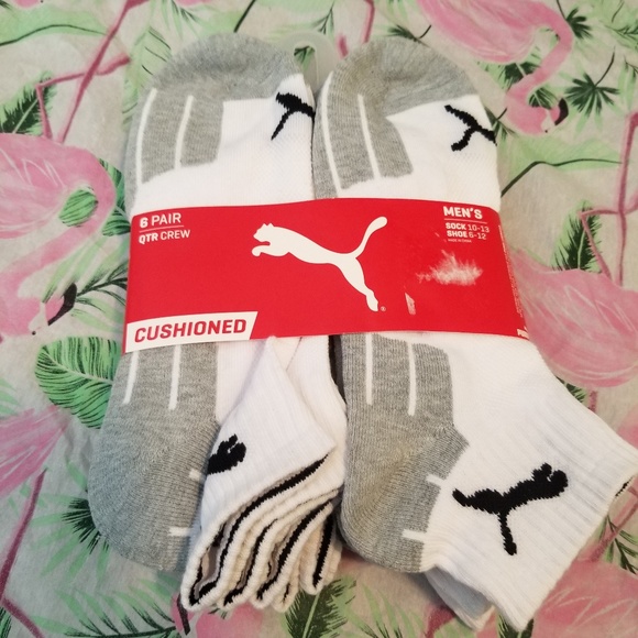 Puma Men's QTR Crew Socks 6 Pair NWT White Gray L - Picture 1 of 5